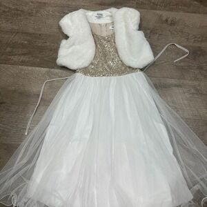 Speechless Girls White Gold Sequin Tulle‎ Dress Faux Fur Bolero Set Size 5